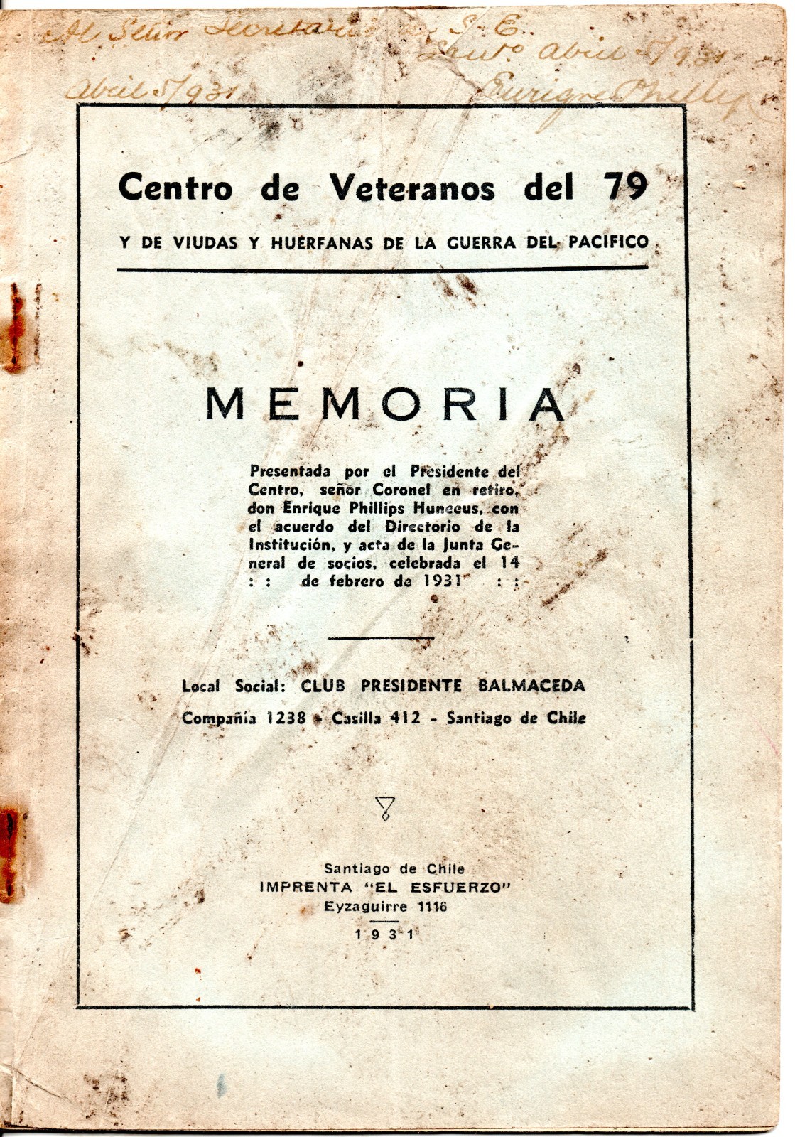 CHILE, VETERANOS DEL 79, AÑ0 1931, GUERRA DEL PACIFICO, ver descripcion  #NUS16