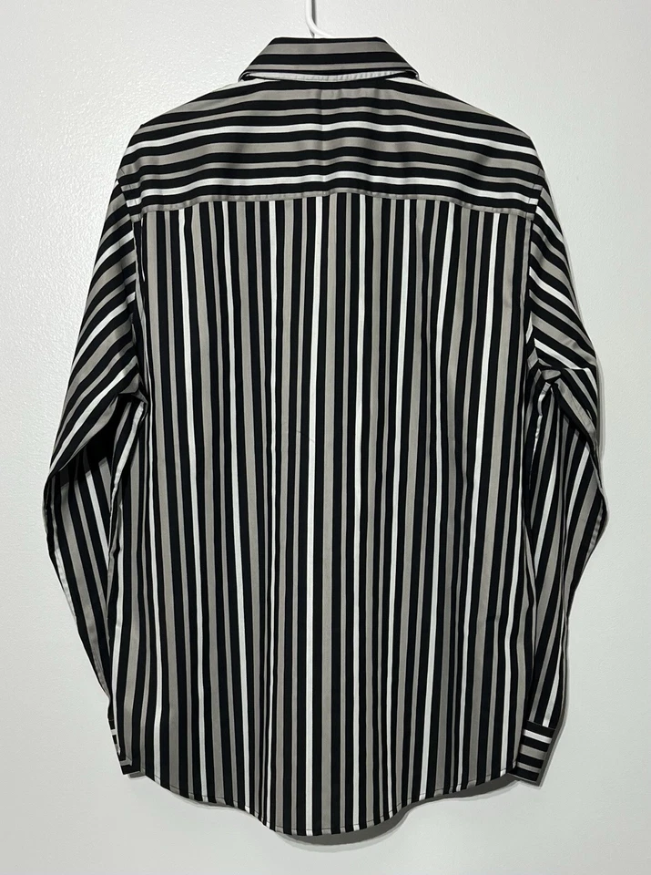 Camisa masculina manga longa listrada branca prata preta média com botões Perry Ellis - Imagem 2 de 4