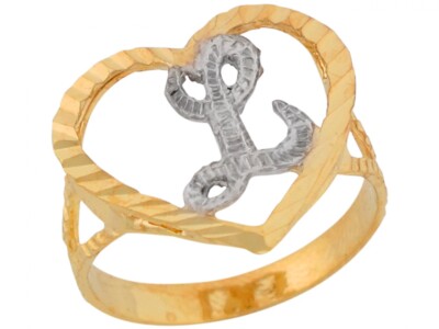 10k or 14k Two Tone Gold Fancy Script Letter L Beautiful Heart Initial Ring