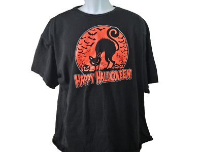 Delta Pro Weight Mens Black Halloween T Shirt Retro Style Black Cat Bats Cut Tag