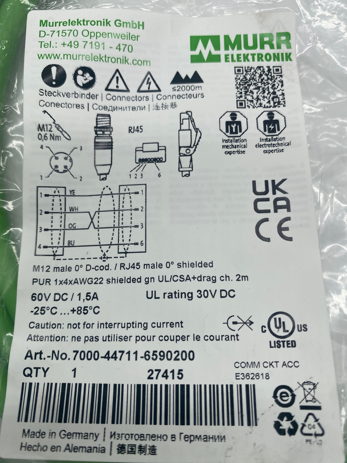 Murr Elektronik 7000-44711-6590200 Ethernet Cable 2M | eBay