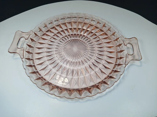 Vintage Jeanette Glass Windsor Pink Depression Glass Handled Cake Plate Platter