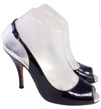 DESIGNER DOLCE GABBANA D&G BLACK PATENT LEATHER OPEN TOE SLINGBACK SHOES 38/8