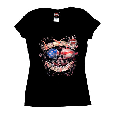 Harley Davidson T-Shirt 2015 Women Medium Black Las Vegas Skulls Short Sleeve