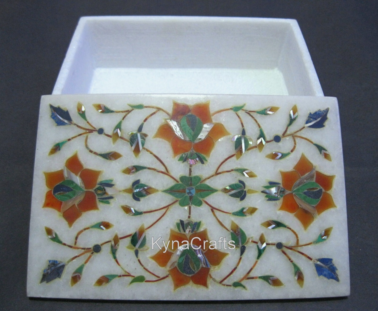 White Marble Necklace Box Floral Pattern Inlay Work Jewelry Box 6 x 4 Inches