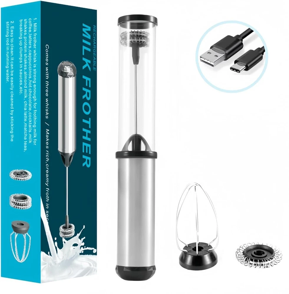 Milk Frother Rechargeable Handheld - Electric Whisk/Frother Wand for Silver
