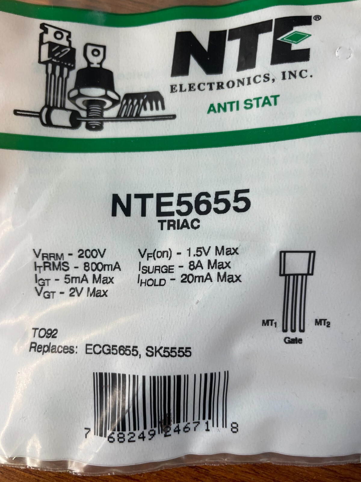 NTE Electronics NTE5655 TRIAC-200VRM 0.8A TO-92 IGT=5MA | eBay