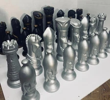 CHESS SET~ LARGE PIECES- 6~8" TALL COMPLETE Black with bronze and Silver~Vintage