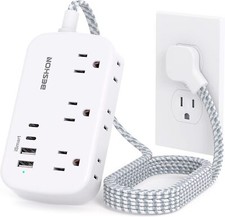 Flat Extension Cord 5FT Flat Plug Power Strip with USB C, 6 Outlets 4 USB Port 
