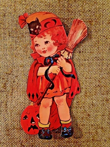 U Choose Vintage Inspired Girl Witch Holds Broom Halloween Cardstock Decoration - Picture 9 of 17