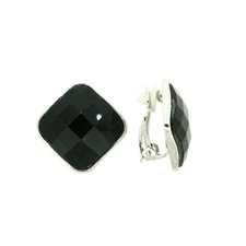 BRAND NEW VINTAGE INSPIRED RHODIUM SILVER PLATED BLACK GLASS CLIP-ON EARRINGS