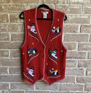 Ugly Christmas Sweater Vest: -Victoria Jones- Unisex black background cotton ramie blend button 