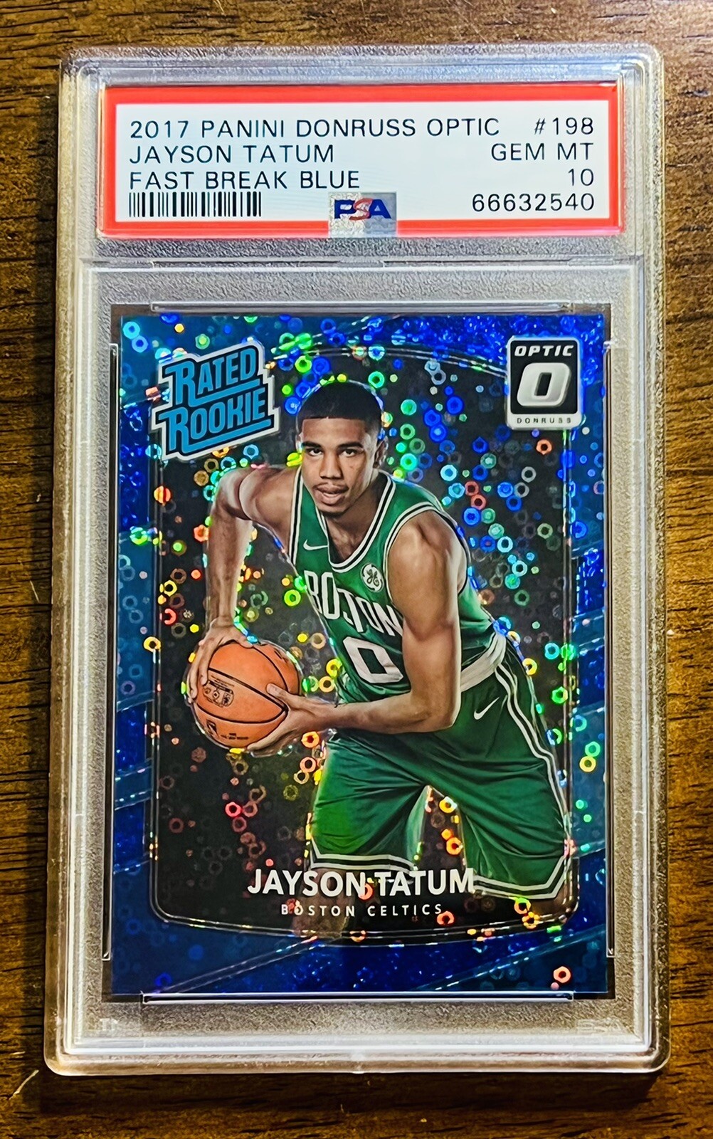 /50 PSA 10 GEM JAYSON TATUM 2017-18 PANINI DONRUSS OPTIC FAST BREAK BLUE RC #198