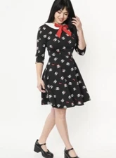 Unique Vintage NWT Black & Panda Print Wednesday Flare Dress - Size Medium