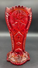 L.E. SMITH NORTEC RED/ORANGE GLASS 9" VASE WITH STARS & PINWHEELS