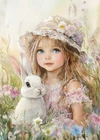 print ACEO Art Card Rabbit Girl Garden Flower Bunny Animal Limited Edition