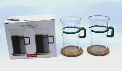 Bodum Bistro Tall Glass Coffee Tea Mug Cup Coaster Dark Green Handle Set of 2