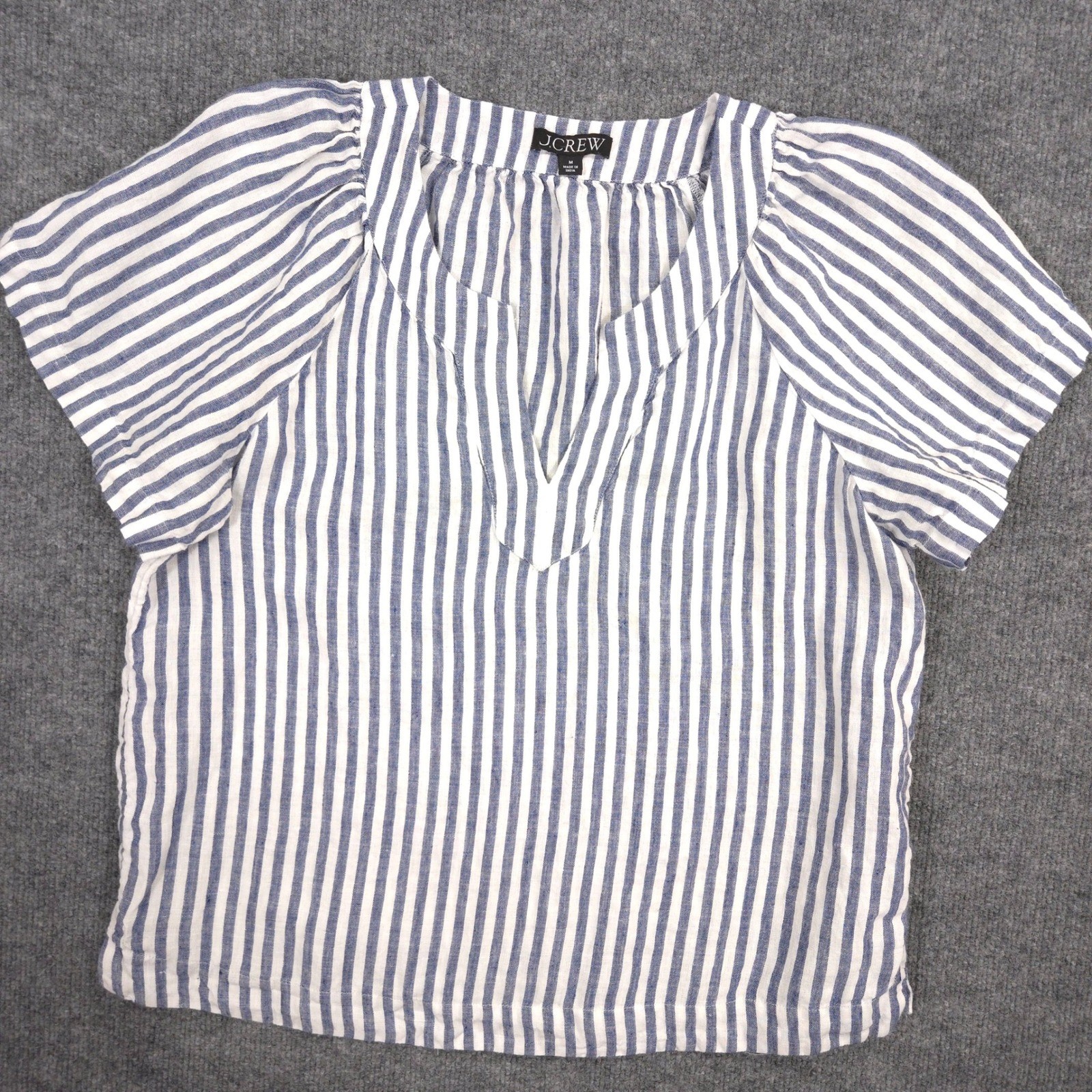J Crew Shirt Womens M Blue White Striped Flutter Sleeve Linen V Neck Top Preppy