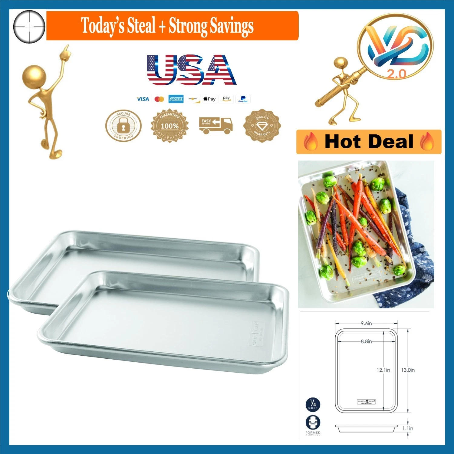 Naturals Aluminum Quarter Sheet Pans 2-Pack Commercial Bakeware Durable
