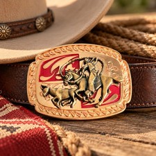 Western Rodeo Cowboy Horse Calf Roping 3D Belt Buckle Gold Tone Red 4 Inch