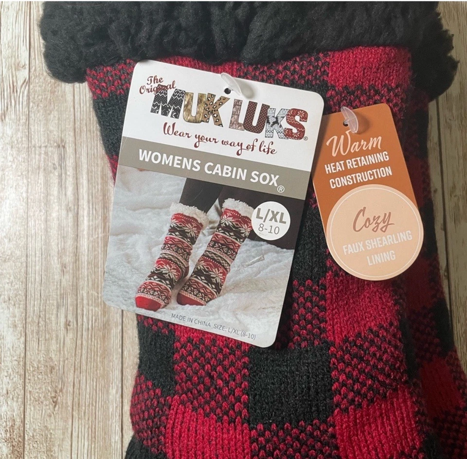 NUEVO CON ETIQUETAS MUK LUKS Adulto Mujer Cabina Calcetines Zapatilla Acogedores Cálidos Rojo Búfalo Cuadros Foto 4 de 4