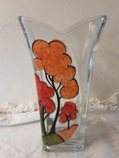 Art Deco Vase Hand Painted Orange Tree Clear Glass 9" tall