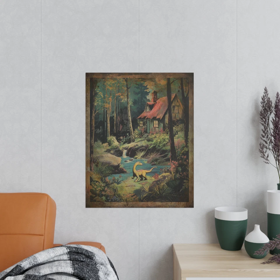 Arte de pared de cabaña de dinosaurios vintage, decoración de árbol de naturaleza jurásica, camping en el bosque de dinosaurios Foto 2 de 4