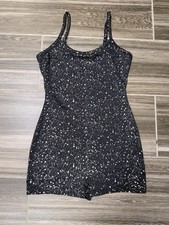 Womens Black Silver Splatter Dot Strap One Piece Bodysuit Biketard Unitard - S