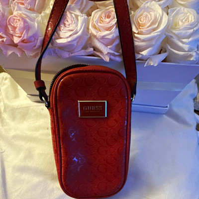 GUESS Red Embossed Logo Crossbody Phone Pouch Case w/ Strap Zipper Closure