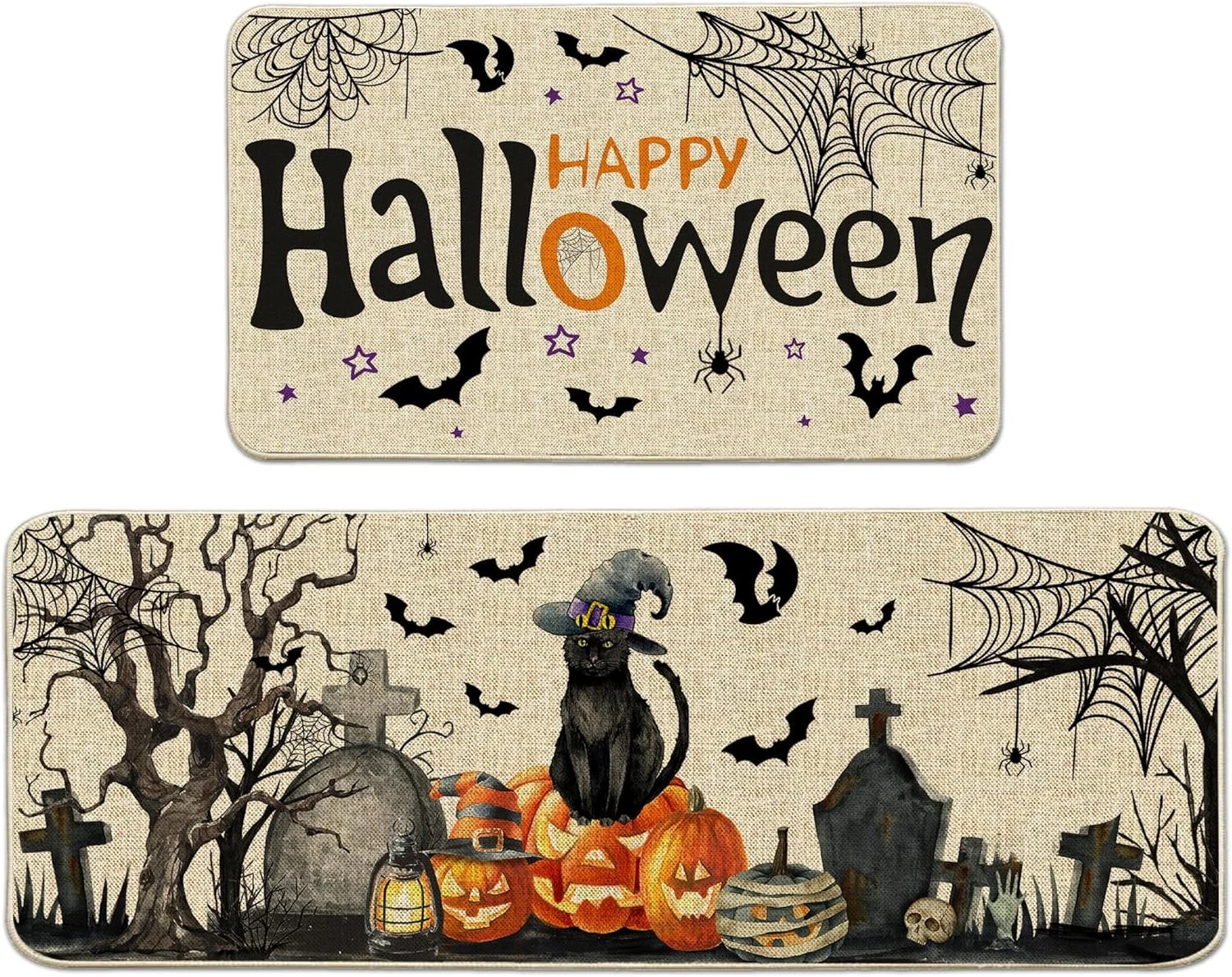 Halloween Kitchen Mats Set of 2, Halloween Kitchen Decor, Black Cat Rugs for Flo