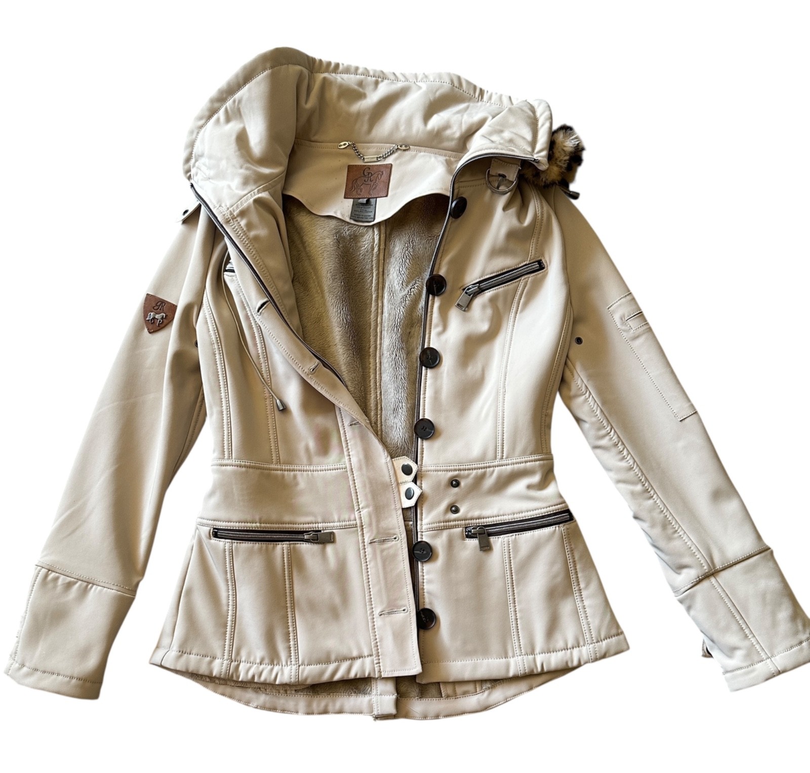 Goode Rider Beige Fur Lined Hooded Coat  Cargo Parka Jacket Women Small