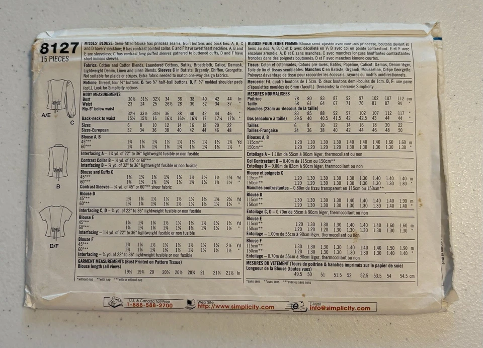 Simplicity 8127 Size 12-14-16 Misses’ Blouse 6 Made Easy FACTORY FOLDED - Image 2 of 2