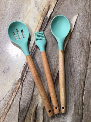 MIBOTE 3pc Silicone Kitchen Utensil Set Teal Wood Handle Spoon Brush BPA Free