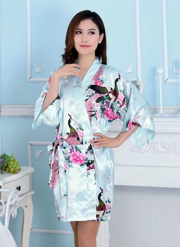 Chinese Traditional Summer Short Robe Women Ice Silk Bathrobe Japanese Nightgown - Picture 12 of 13