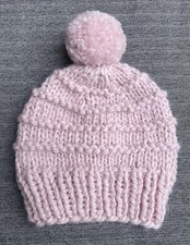 Image of Hand Knit NEW Winter Hat Women's Medium-Large Blush Pink Oversized Pom Pom