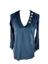 Soft Surroundings Tori Tee Button Detail Top Sz M Midnight Blue Raw Slub Jersey