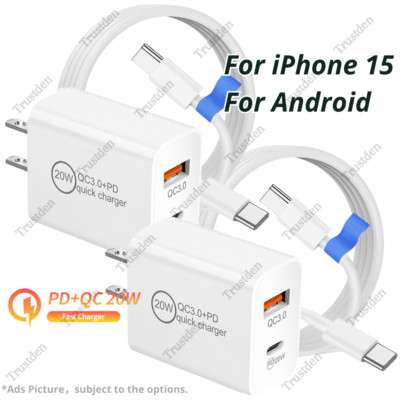 For iPhone 15 Pro Android Samsung USB C Type C Fast Charger Cable Adapter Block
