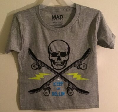 KEEP ON ROLLING SHIRT Skateboard Skull BOYS XS 4-5, S 6/7, L 10-12, XL 14 XXL 18