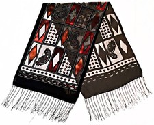 VINTAGE GEOMETRIC ART CUT VELVET BLACK BURGUNDY SILK BLEND LONG FRINGE SCARF