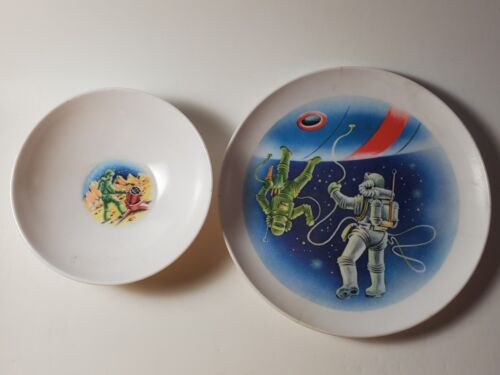 Vintage Allied Chemicals 1960's Moon Mission Melamine Bowl Plate Astronaut Set - Picture 1 of 7