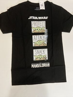 The Mandalorian Baby Yoda T Shirt : Protect Attack Snack Size XS