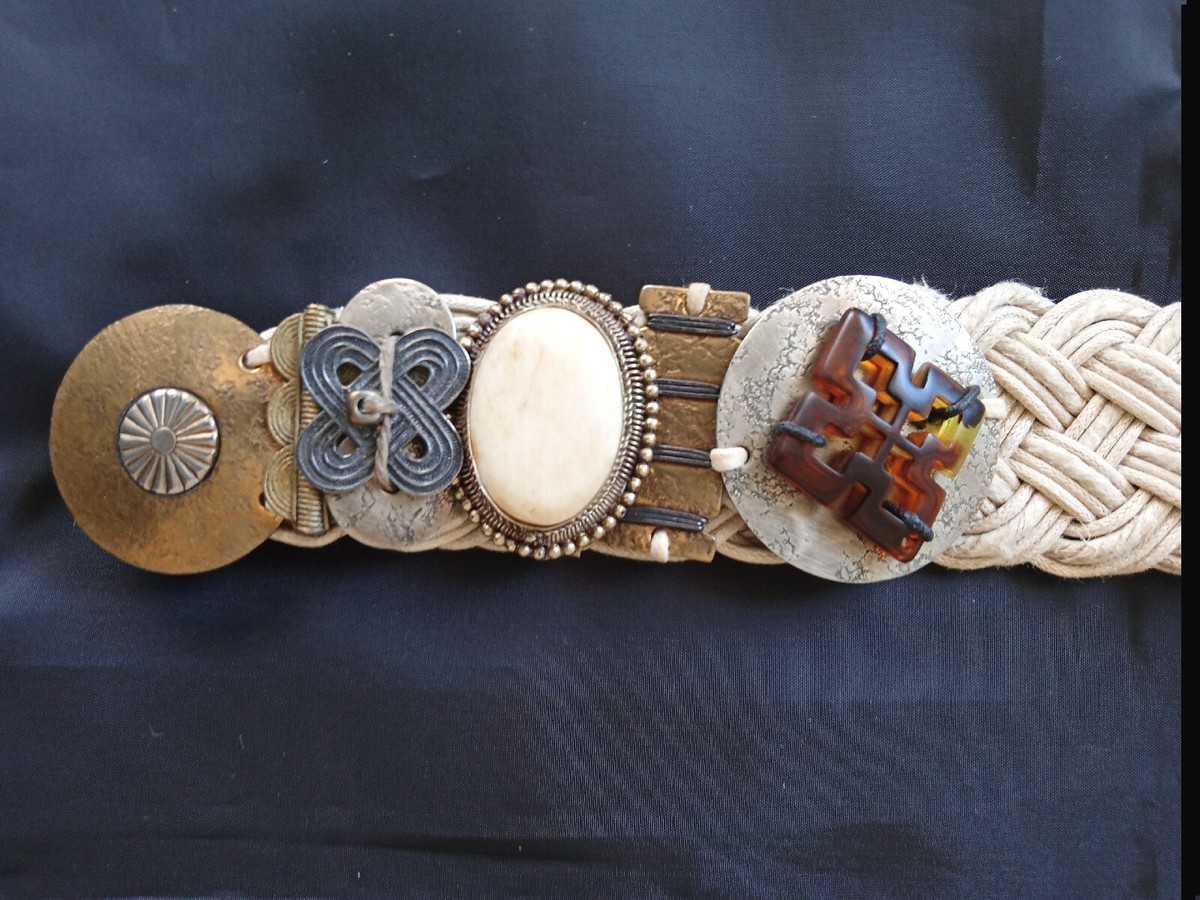 Vintage Baer Boho Natural Braided Belt with Mixed Metals 