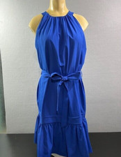 Calvin Klein Womens Dress 10 Royal Blue Midi High Neck Ruffled Sleeveless