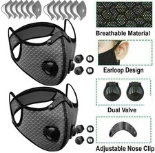 2x Face Mask Active Carbon Filter Breathing Valves Reusable Cycling Sport Mesh