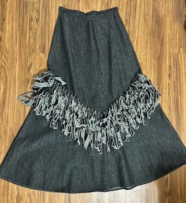 Circle T by Marilyn Lenox VTG Western Black DENIM Fringed Skirt - Size 7/8
