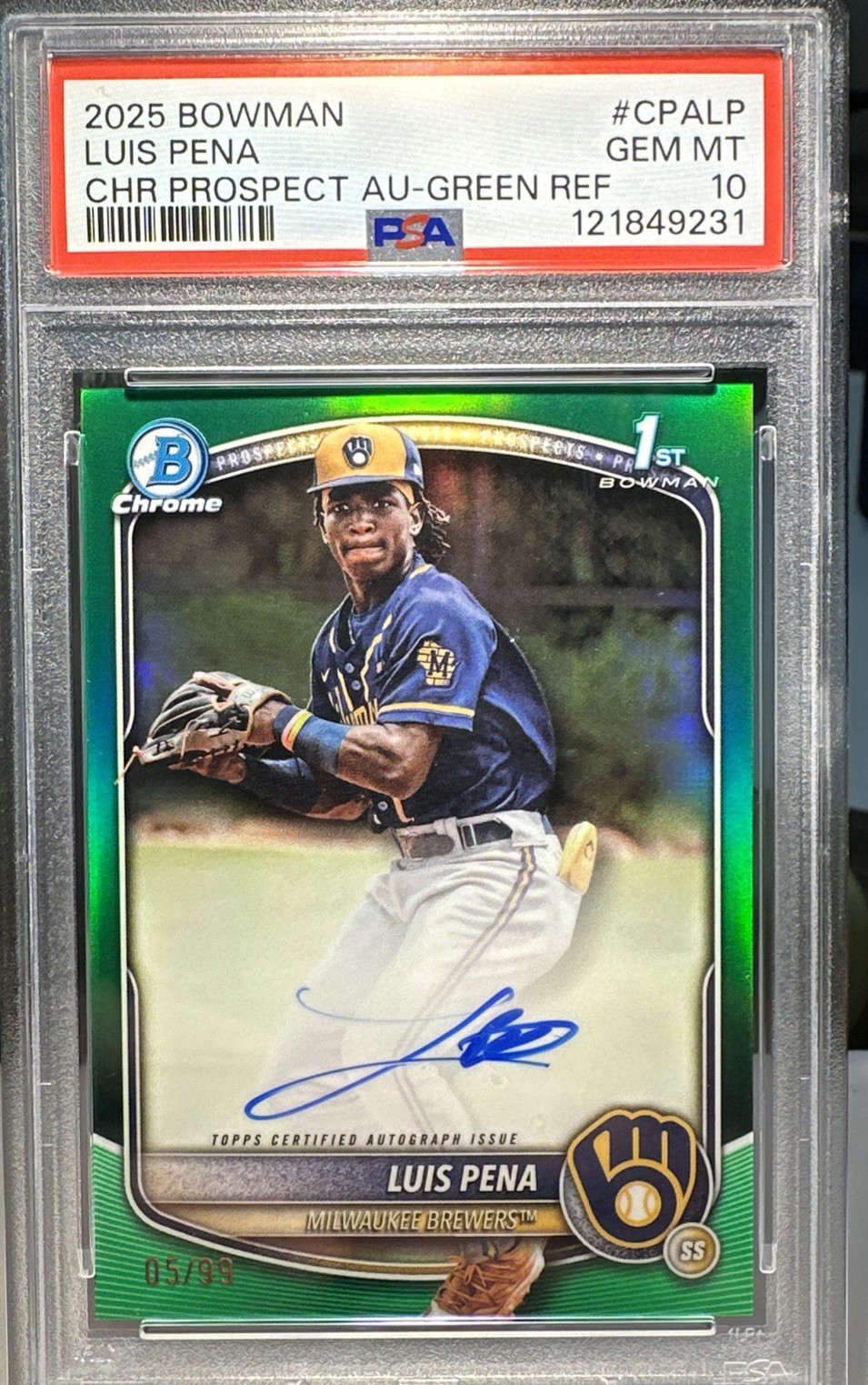 2025 LUIS PENA Bowman Chrome Auto True Green Refractor #5/99 1st Bowman Brewers