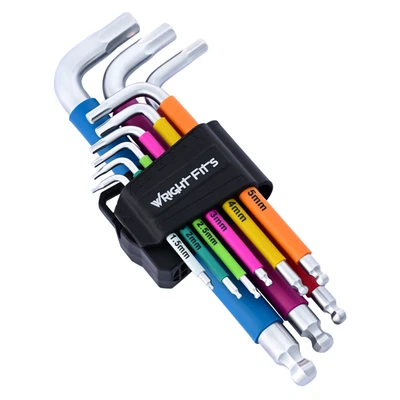 WrightFits Allen Key Set 9 Pcs Colour Coded Ball End Long Armed Work Hex Key Set