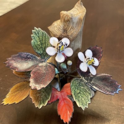 Norman Brumm Enamel on Copper Flowers on Burl Wood Base Sculpture 3'' Tall