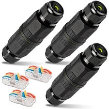 3-Pack Junction Box with 3 Pin Electrical Cable Connectors, IP68 Black 