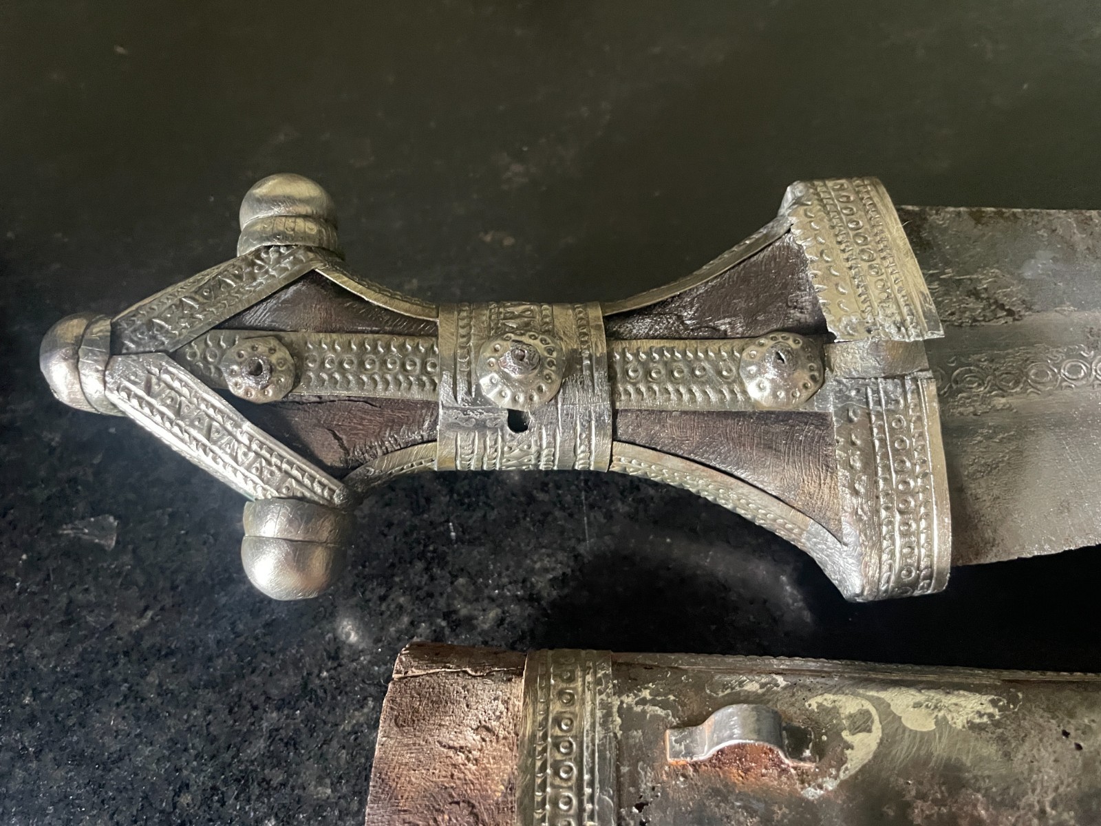 Antique Arabian Jambiya Dagger – Silver-Brass – Worn Scabbard – As is.